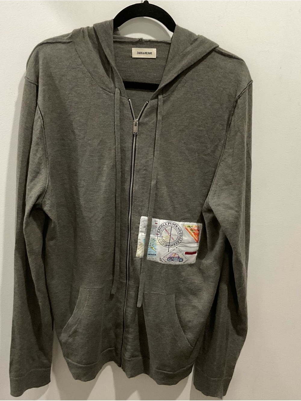 Zadig & Voltaire Gray Hoodie with Graphic Patch Pocket Unisex Sz XL women,L men